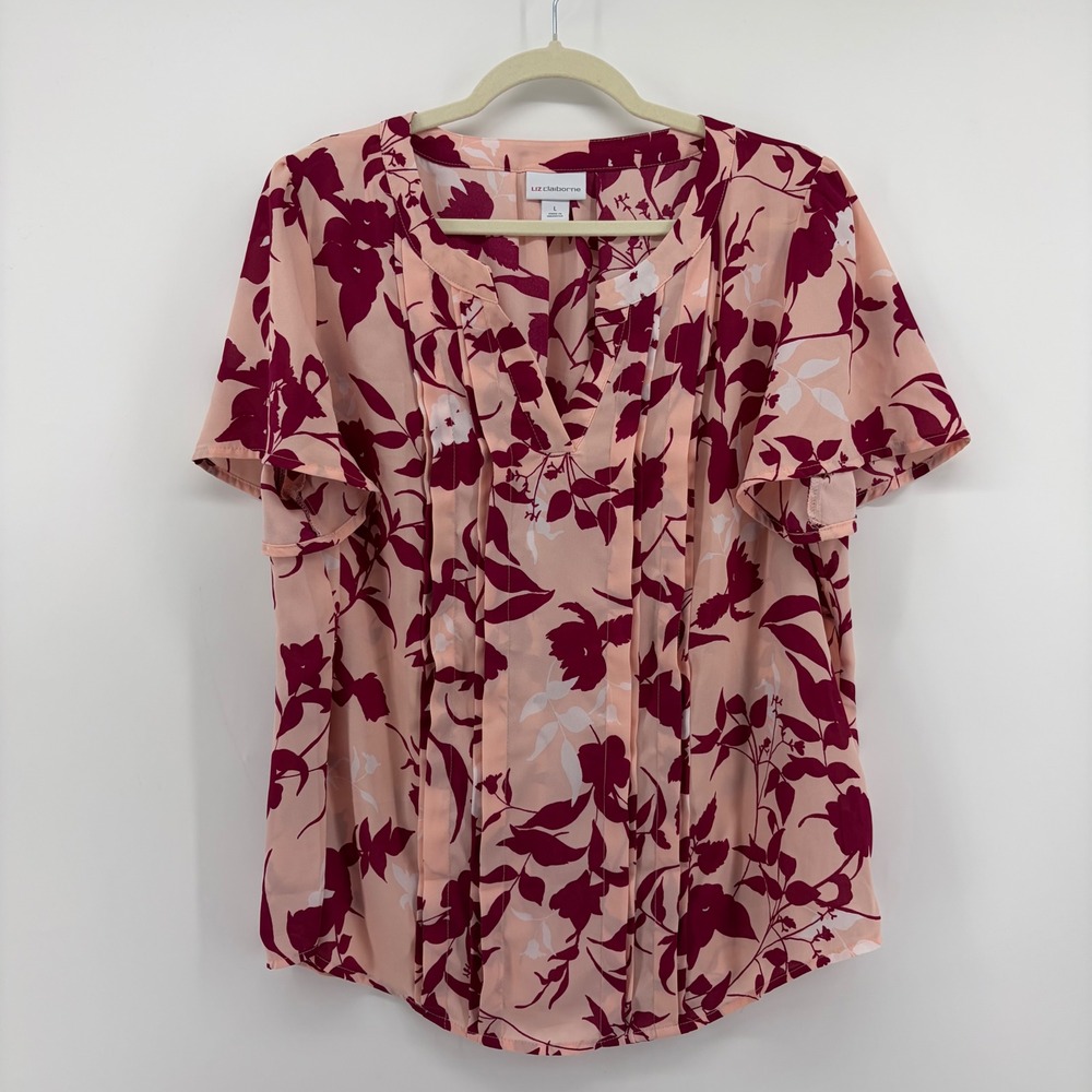 Liz Claiborne Womens Large Pink Floral Blouse Short Sleeve Pleated V-Neck Top